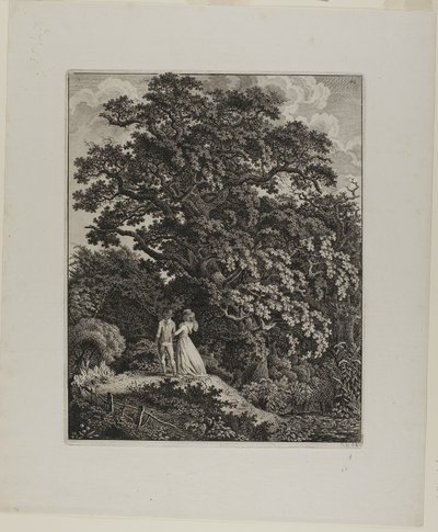 Paisagem da floresta com um casal elegante andando sob um carvalho de Carl Wilhelm Kolbe, the elder