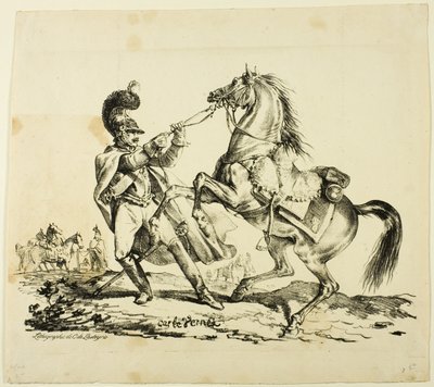 Cuirassier a pé restringindo seu cavalo empinado de Carle Vernet