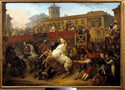 Corrida de cavalos grátis durante o carnaval. Pintura por Carle Vernet (1758-1836) de Carle Vernet