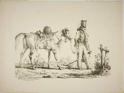 Hussard andando na frente de seu cavalo, fumando um cachimbo de Carle Vernet