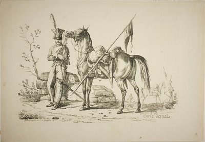 Lancer a pé caminhando ao lado de seu cavalo de Carle Vernet