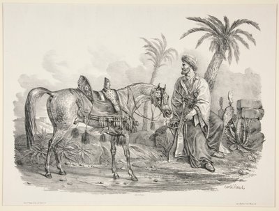 Árabe sentado segurando o freio de um cavalo árabe de Carle Vernet