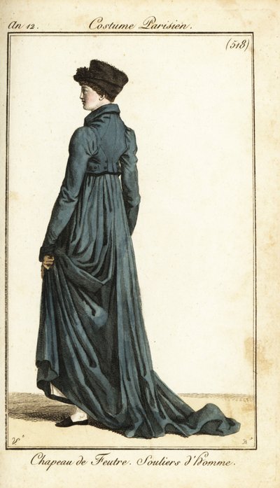 Mulher de chapéu de feltro, casaco longo, chinelos masculinos, Paris de Carle Vernet