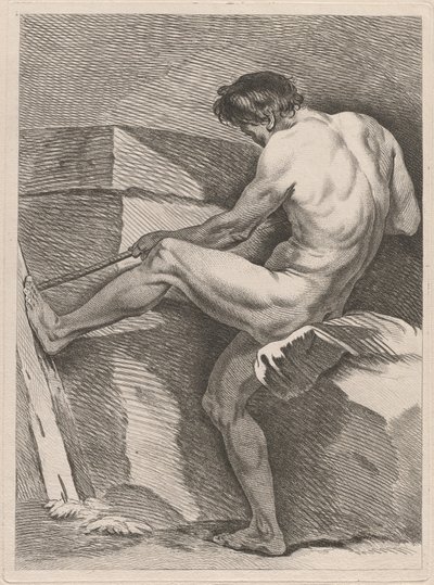 Homem puxando uma corda, seu pé apoiado de Carle van Loo