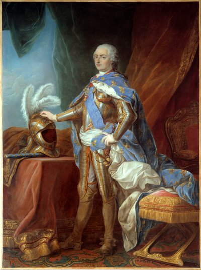 Retrato no pé de Luís XV (1710-1774), em armadura, colocado à mão sobre um leme. Pintura de Carle Van Loo (1705-1765), óleo sobre tela (271 x 193 cm) de Carle van Loo