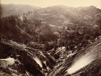 Canyon do diabo, gêiseres, olhando para baixo, 1868-70. de Carleton Emmons Watkins