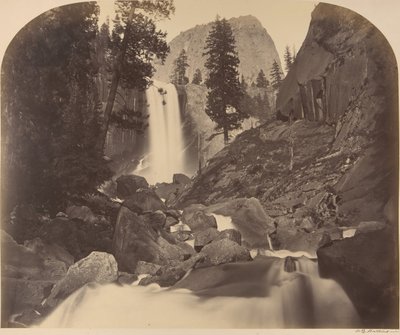 Mt. Broderick in Distant Centre, Piroyac, Falling Chrystals, Vernal Fall, 1861. de Carleton Emmons Watkins