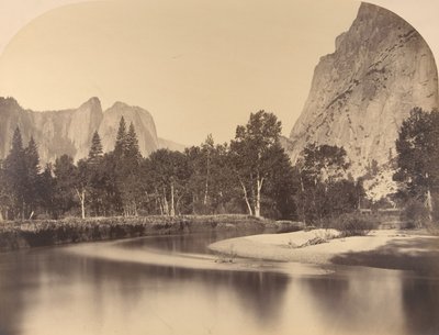 Vista do rio, descendo o vale, Cathedral Rock à esquerda, 1861, Yosemite. de Carleton Emmons Watkins