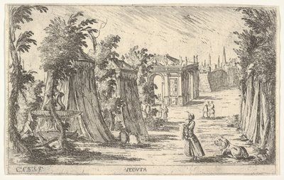 Vista com um homem de turbante e um leão à direita, tendas e arquitetura clássica..., 1680-1710. de Carlo Antonio Buffagnotti