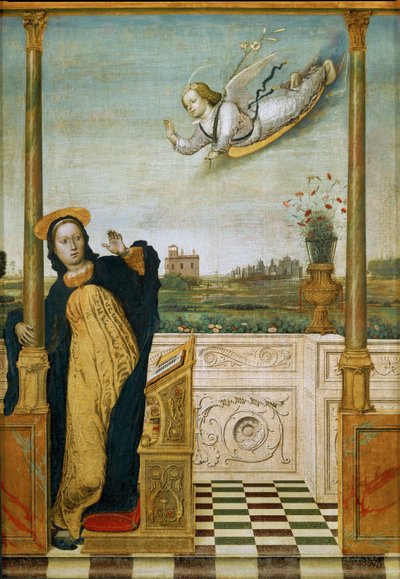 Anunciação. Painel central de um tríptico (pintura sobre madeira) de Carlo Braccesco