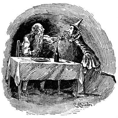 Ilustração de Pinóquio de Carlo Chiostri (1863-1939), um dos primeiros ilustradores italianos da obra de Collodi. O boneco de madeira encontra o seu pai Gepetto na barriga do tubarão que os engoliu. de Carlo Chiostri