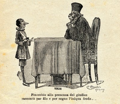 Pinóquio de frente para o juiz. Ilustração de Carlo Chiostri (1863-1839) para o romance "" As Aventuras de Pinóquio "" de Carlo Lorenzini ou Carlo Collodi (1826-1890) 1924. de Carlo Chiostri
