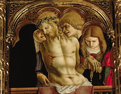 Lamentação do Cristo Morto, detalhe do políptil SantEmidio, 1473 têmpera sobre detalhe do painel de 76636 de Carlo Crivelli