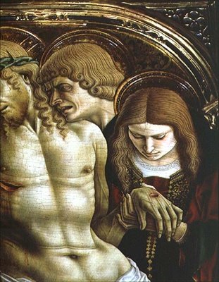 Lamentação do Cristo morto, detalhe de São João Evangelista e Maria Madalena, do políptico Sant