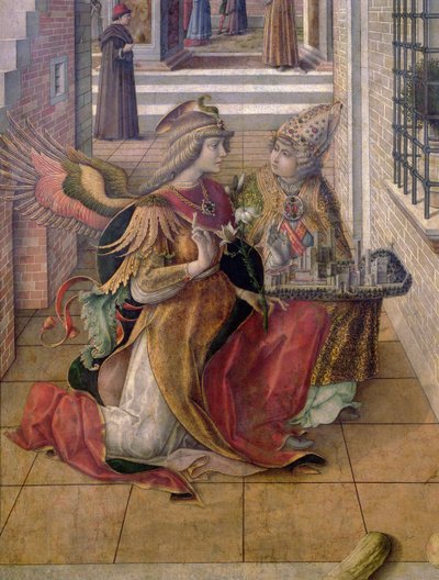 A Anunciação com Santo Emídio, detalhe do arcanjo Gabriel com o santo, 1486 (têmpera e óleo sobre o painel) (detalhe de 97895) de Carlo Crivelli