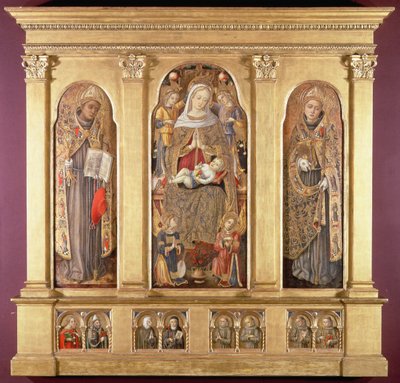Virgem e Menino com os Santos Bonaventura e Luís de Toulouse, c.1489 (têmpera com ouro e olivas no painel) de Carlo Crivelli