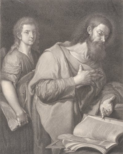 São Mateus, diante de um livro à direita com a mão no peito, outro homem..., 1750-84 de Carlo Faucci
