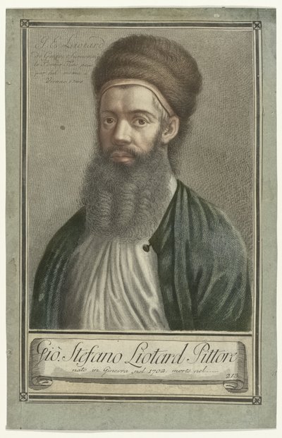 Retrato do pintor Jean-Etienne Liotard em traje turco com barba e chapéu de pele Retratos de artistas (título da série) de Carlo Gregori (possibly)