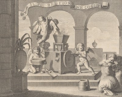 Ela colhe a flor mais bela Il più bella fior grogli ne, um grupo de seis putti trabalhando ..., 1740-59 de Carlo Gregori