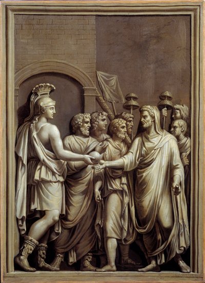 Roma Antiga: guerreiro e homem numa toga trocando uma esfera. Pintura de Carlo Labruzzi (1748-1818), depois de um baixo relevo romano. Brest. Museu de Belas Artes de Carlo Labruzzi