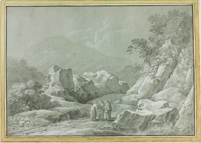 Dois monges dando água a uma mulher e uma criança no deserto de Carlo Labruzzi
