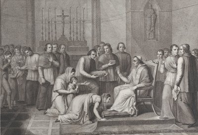 Uma mulher se ajoelha para beijar o pé do Papa Pio VII, com uma multidão atrás dela à esquerda, 1814-50 de Carlo Lasinio