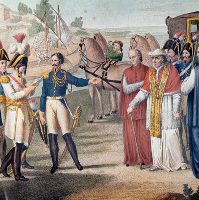 O Papa Pio VII (Pio) (1742-1823) foi preso no seu regresso à Itália pelo exército austro-neapolitano perto de Parma em 25 de Março de 1814 - Gravura de Carlo Lasinio (1759-1838) - Litografia a cores (A prisão do Papa Pio VII (1742-1823) no seu regresso à I de Carlo Lasinio