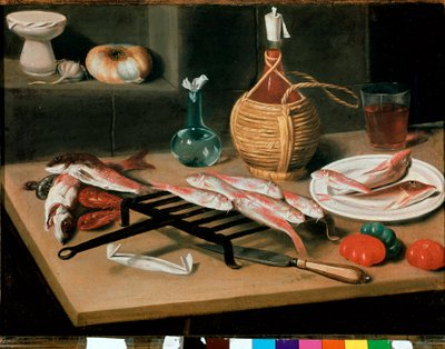 Mesa de Natureza Morta com pratos de peixe grelhados (tainha) e garrafa de vinho (damigiana). Pintura de Carlo Magini (1720-1806). Faenza, Pinacoteca comunitária de Carlo Magini