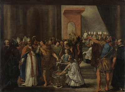 Imperador Constantino queimando livros arianos, década de 1640 de Carlo Magnone