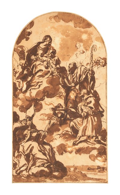 A Madona e o Menino que aparecem aos Santos Ambrósio, Francisco de Sales e Nicolau de Bari (giz preto, caneta e tinta castanha, e lavagem castanha sobre papel) de Carlo Maratta or Maratti