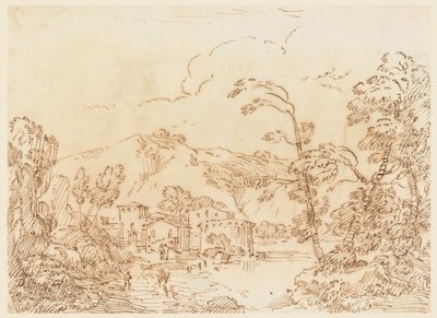 Desenho, Uma aldeia junto a um ribeiro num país montanhoso, 1770-86 de Carlo Marchionni