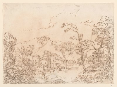 Desenho, Uma aldeia junto a um ribeiro num país montanhoso, 1770-86 de Carlo Marchionni