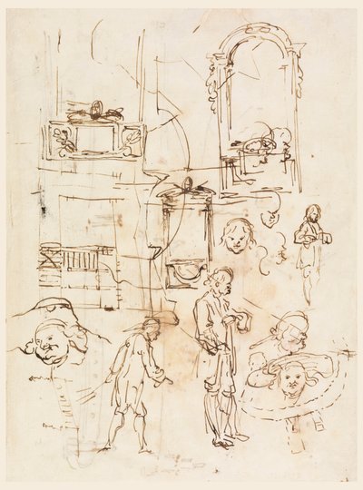 Desenho, esboços arquitectónicos e figurativos, ca. 1760 de Carlo Marchionni
