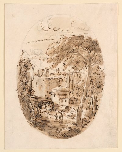 Desenho, Paisagem com cavaleiro e ponte, 1750-1786 de Carlo Marchionni