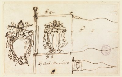 Desenho, Três esboços para um estandarte do Papa Bento XIV, 1740-58 de Carlo Marchionni