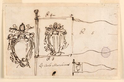 Desenho, Três esboços para um estandarte do Papa Bento XIV, 1740-58 de Carlo Marchionni