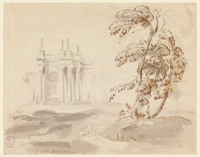 Desenho, Árvore em paisagem com edifício, 1756-78 de Carlo Marchionni