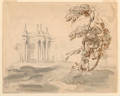 Desenho, Árvore em paisagem com edifício, 1756-78 de Carlo Marchionni