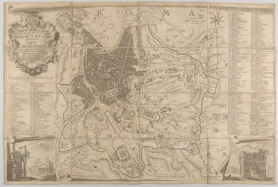 Planta da Roma Antiga com vista para o Panteão inferior esquerdo e um arco triunfal inferior rig..., 1748 de Carlo Nolli