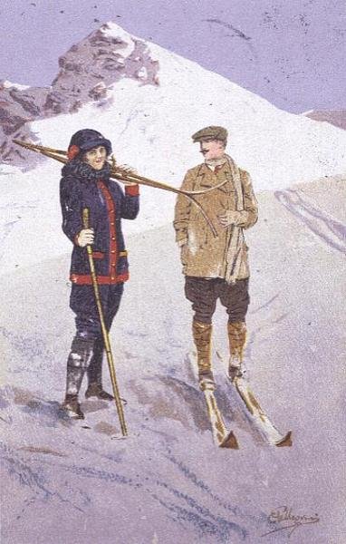 Esquiadores na Adelboden (cor litho) de Carlo Pellegrini