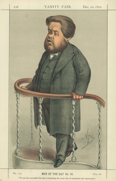 O reverendo Charles Spurgeon, Noone conseguiu como ele esboçar o lado cômico do arrependimento e regeneração, 17 de julho de 1880, desenho animado da Vanity Fair. de Carlo Pellegrini