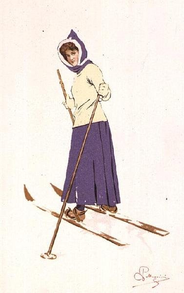 Mulher a ligar os esquis (cor litho) de Carlo Pellegrini