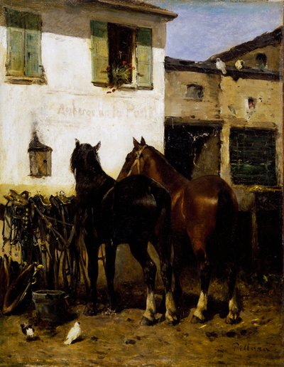 Pós-cavalos, pintura de Carlo Pittara (1836-1891), óleo sobre tela, 41x32 cm, Itália de Carlo Pittara