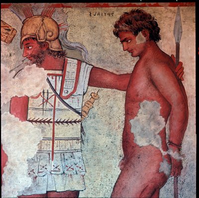 A civilização etrusca: "representação do sacrifício dos prisioneiros de Tróia em homenagem a Patroclus" reprodução por Carlo Ruspi (1786-1863) dos afrescos do século IV a.C. do Túmulo de François de Vulci. Florença, Museu Arqueológico de Carlo Ruspi