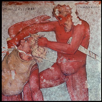 A civilização etrusca: "representação do sacrifício dos prisioneiros de Tróia em homenagem a Patroclus" reprodução por Carlo Ruspi (1786-1863) dos afrescos do século IV a.C. do Túmulo de François de Vulci. Florença, Museu Arqueológico de Carlo Ruspi