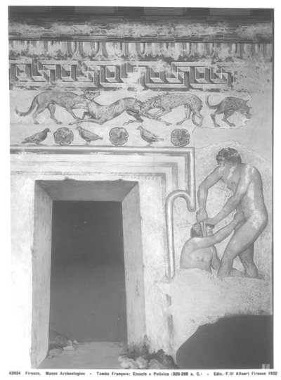 Marce Camitlnas e Cneve Tarchunies Rumach, reconstrução da pintura de parede etrusca na Tumba de François em Vulci de c.320-280 aC (pintura de parede) (ver também 212368, 214590, 214591) de Carlo Ruspi