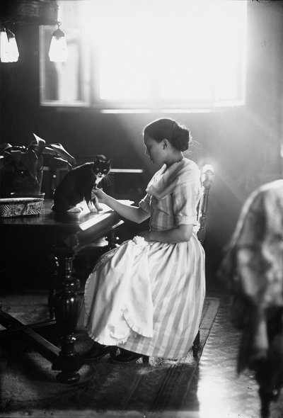 Retrato, de, wanda, sentando uma tabela, com, dela, gato, trieste, c.1910, (glass, plate) de Carlo Wulz