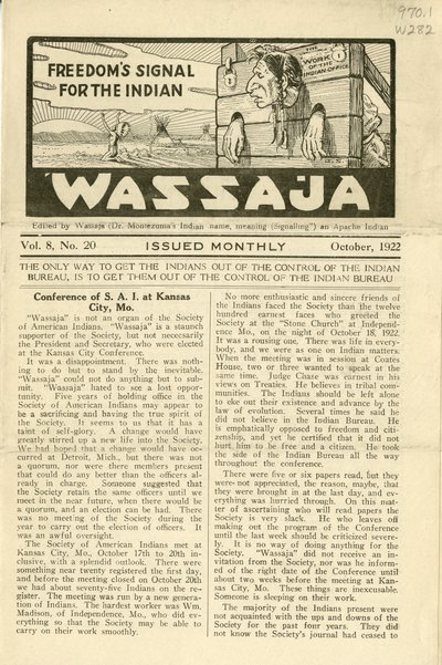 Edição de Wassaja, Vol. 8, No. 20, Outubro de 1922 de Carlos Montezuma