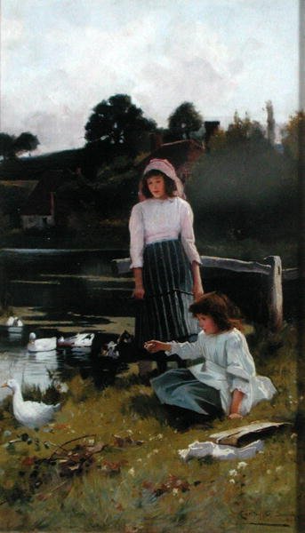 Alimentando os Patos (óleo no painel) de Carlton Alfred Smith