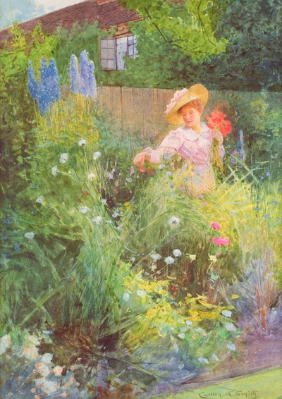 Senhora colhendo flores em um jardim rural (aquarela sobre papel) de Carlton Alfred Smith